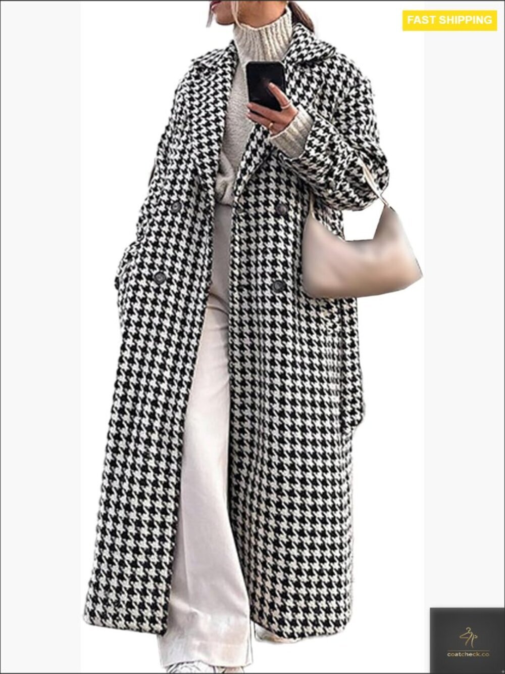 Houndstooth Wool Blend Trench Coat Double Breasted Pea Coat Classic Elegant
